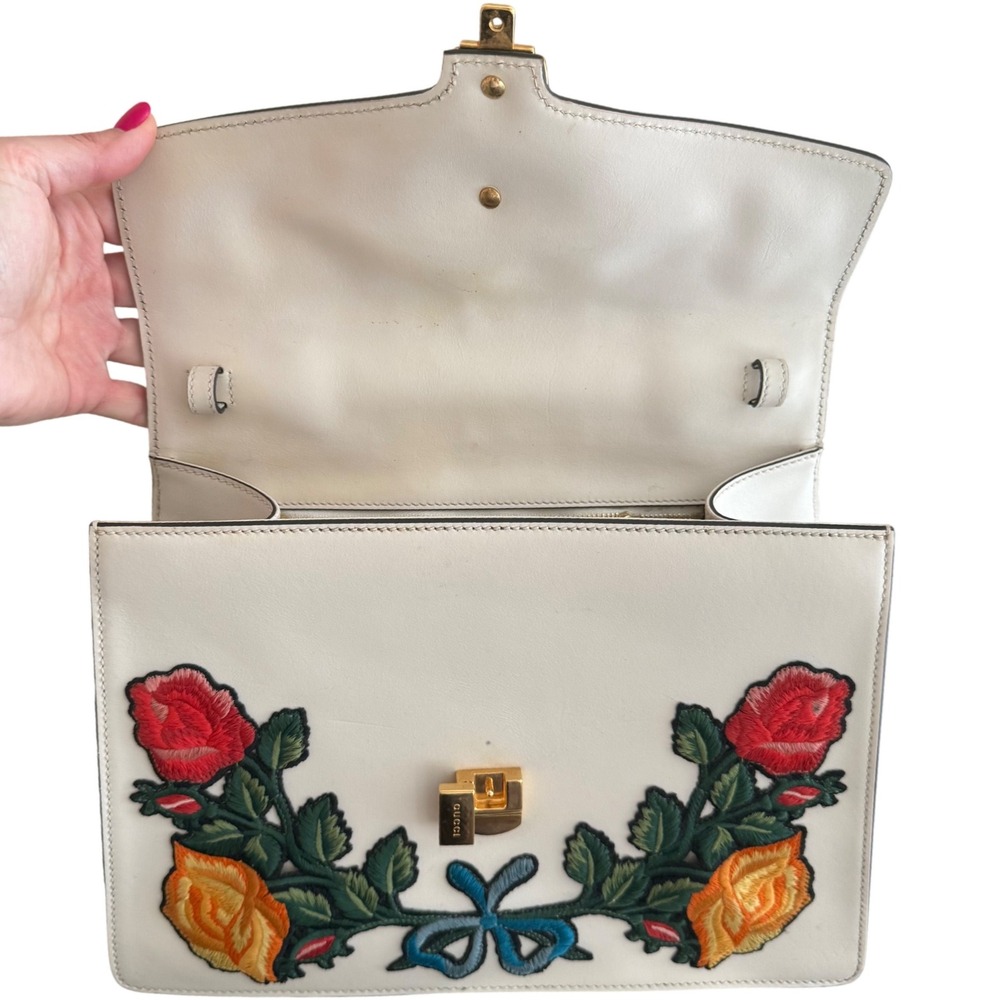 Gucci Sylvie Medium Floral Embroidered Leather Top Handle Bag | Box + Dust Bag - Picture 10 of 16